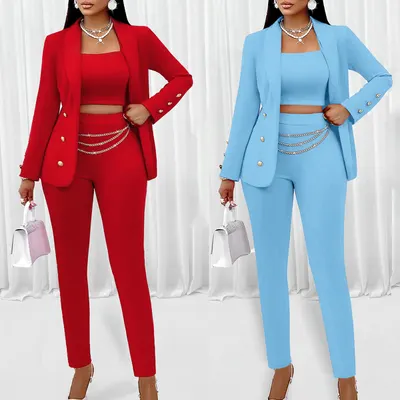 Cross-border New Amazon European and American Women s Fashion Temu Autumn/Winter In-stock Fashion Long-sleeved Small Suit Set Three-piece