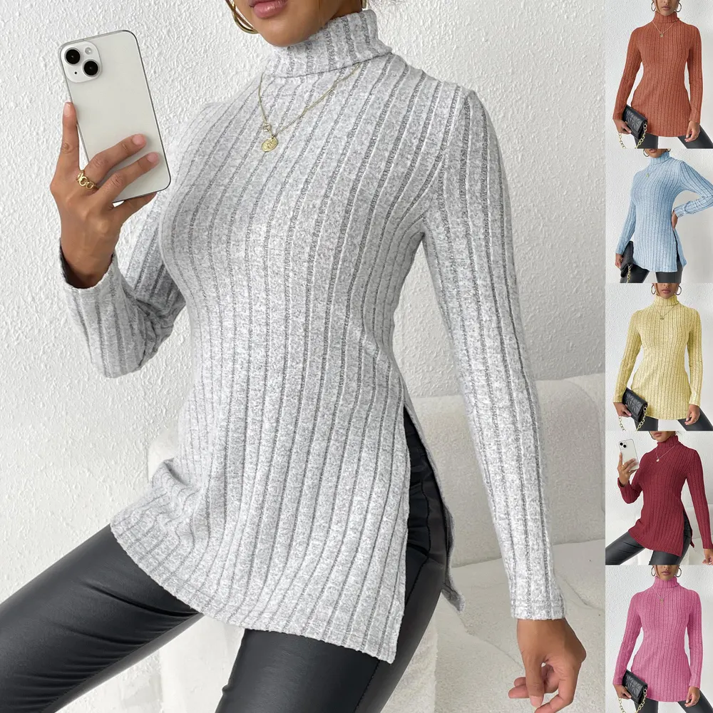 Camisa base de gola alta, slim fit, para mulher, de comprimento médio a longo