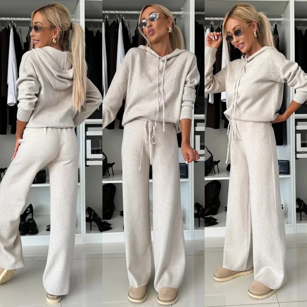 Conjunto casual novo de outono/inverno para mulher, da Amazon Europa e América, moletom com capuz de cor sólida, manga comprida, com cordão, e calças de perna larga, conjunto de duas peças