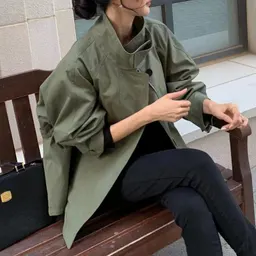 재고 있음 한국 시크 레트로 영국 스타일 스탠드 칼라 케이프 루즈 롱슬리브 쇼트 바람막이 재킷 여성