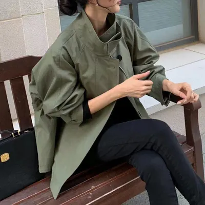 En Stock Estilo Coreano Chic Retro Británico Cuello Alto Capa Manga Larga Suelta Chaqueta Cortavientos Corta Mujer