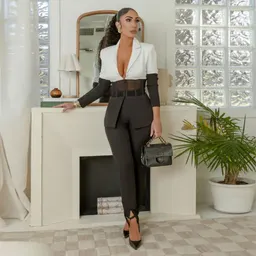Conjunto dois peças casual de outono feminino europeu e americano, venda quente, terno com colarinho de xale, costura de contraste de cor