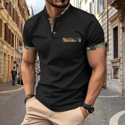 Ny gränsöverskridande casual polo-shirt för män med bröstficka, ståndkrage, knappstängning, sportig och mångsidig t-shirt