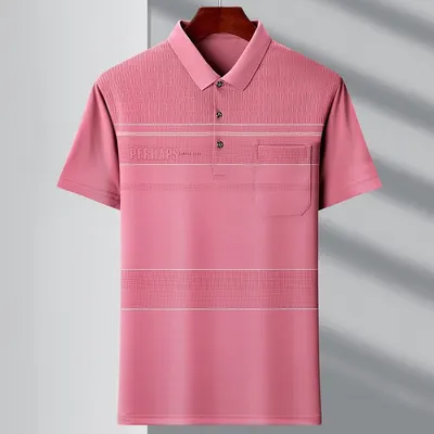 T-shirt polo com gola polo, riscas e bolso real, para homens e jovens