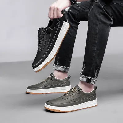 Sapatos de tela de couro de vaca para homem, sapatos de couro de sola grossa, sapatos de sola plana feitos à mão
