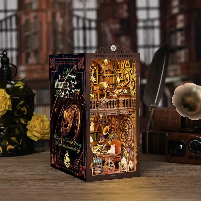 Suporte de livro de madeira DIY feito à mão da Livraria do Tempo, modelo montável 3D estereoscópico, presente de aniversário, design original