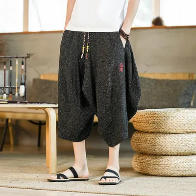 2024年中国風刺繍7分丈パンツ、クールでパーソナルなワイドレッグキャロットランタンショートパンツ