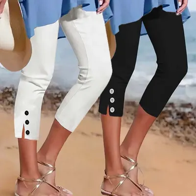 Pantalones Cortos Casuales Ajustados con Botones y Cintura Elástica de Color Sólido para Mujer