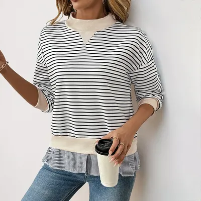 T-shirt casual de manga comprida para mulher, outono, gola redonda, riscada, design de falso dois pedaços