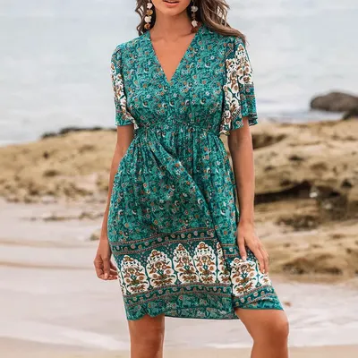 Bohemisk rayon positioneringsblommig grön klänning