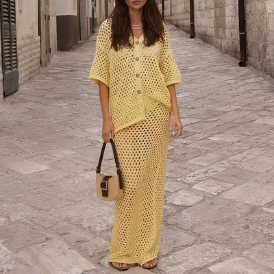 Saia Casual Vestido de Malha Transparente com Furos de Peixe