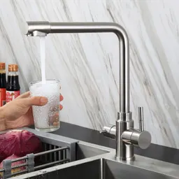 Torneira de filtro de água de cozinha em aço inoxidável 304, três em um, água fria e quente, sem chumbo, escovada, para pia de cozinha