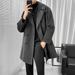 Casaco de trincheira comprido até os joelhos para homem, estilo coreano, cor sólida, primavera/outono, casaco de lã estilo britânico, casaco folgado espesso, tendência