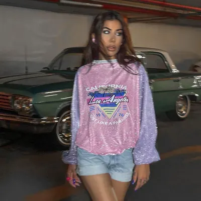 Moletom de manga comprida com estampa color block e brilho, casual e versátil, estilo europeu novo outono 2024 para mulheres, XY24468