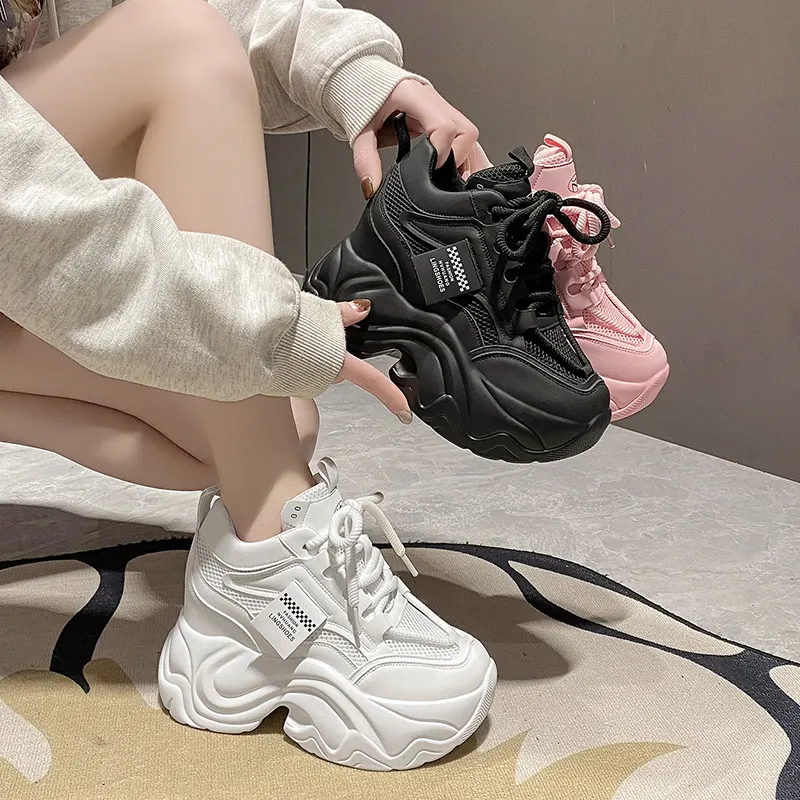 Zapatos de cuña individuales para mujer, punta redonda, suela gruesa, cordones, moda, color sólido, estilo simple, zapatos casuales de malla para verano