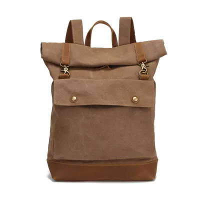 Retro Stil Utomhus Casual Unisex Canvas Rullöppning Ryggsättning Slitstarkt Läder Resa Enkelaxlad Rulltopp Ryggsäck
