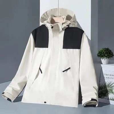 Casaco com capuz de estilo montanhoso para mulheres, vento-resistente, repelente de água, reforçado, quente, fato de montanhismo três em um, conjunto de duas peças para homens, com estampagem por grosso