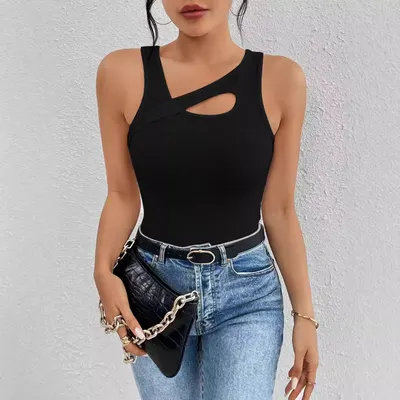 Colete sem Mangas Feminino Slim Fit da Nova Linha de Comércio Exterior Europeia e Americana - Colete com Corte oco - Venda no Local - Manga Curta