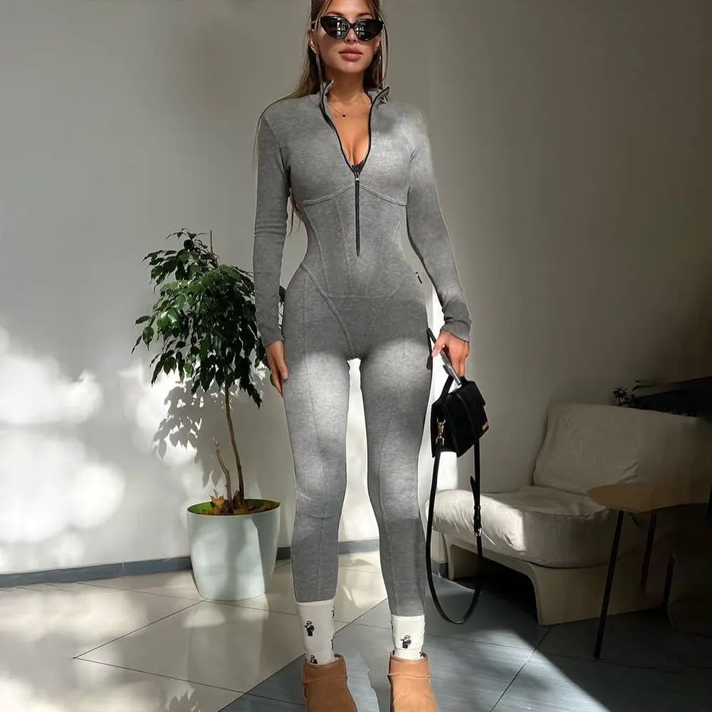 Leggings com zíper, de cor sólida, estilo sexy europeu e americano, manga comprida, nova para outono e inverno, body justo longo de gola redonda para mulheres