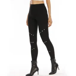 Calças de Nove Décimos Leves para Levantar a Cintura, Calças Leggings Rasgadas com Zíper Cor Preta Sólida, Fotos Reais, Novas