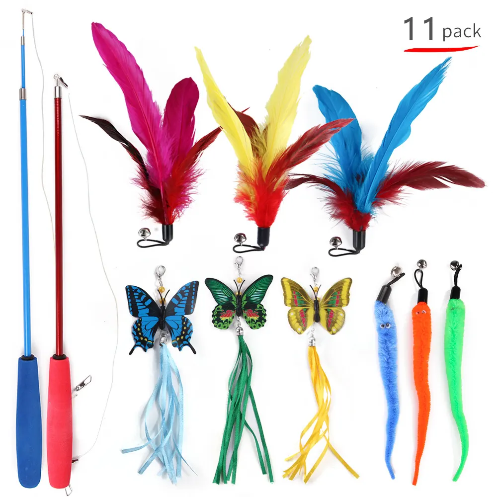 Conjunto de brinquedos para gatos da fábrica, conjunto de 11 peças, incluindo vara de pesca, varas de teaser e brinquedos de borboleta de vários estilos