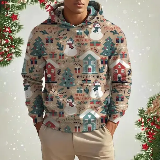 Moletom de homem de Natal transfronteiriço, sweatshirt com estampa digital 3D engraçada de Papai Noel