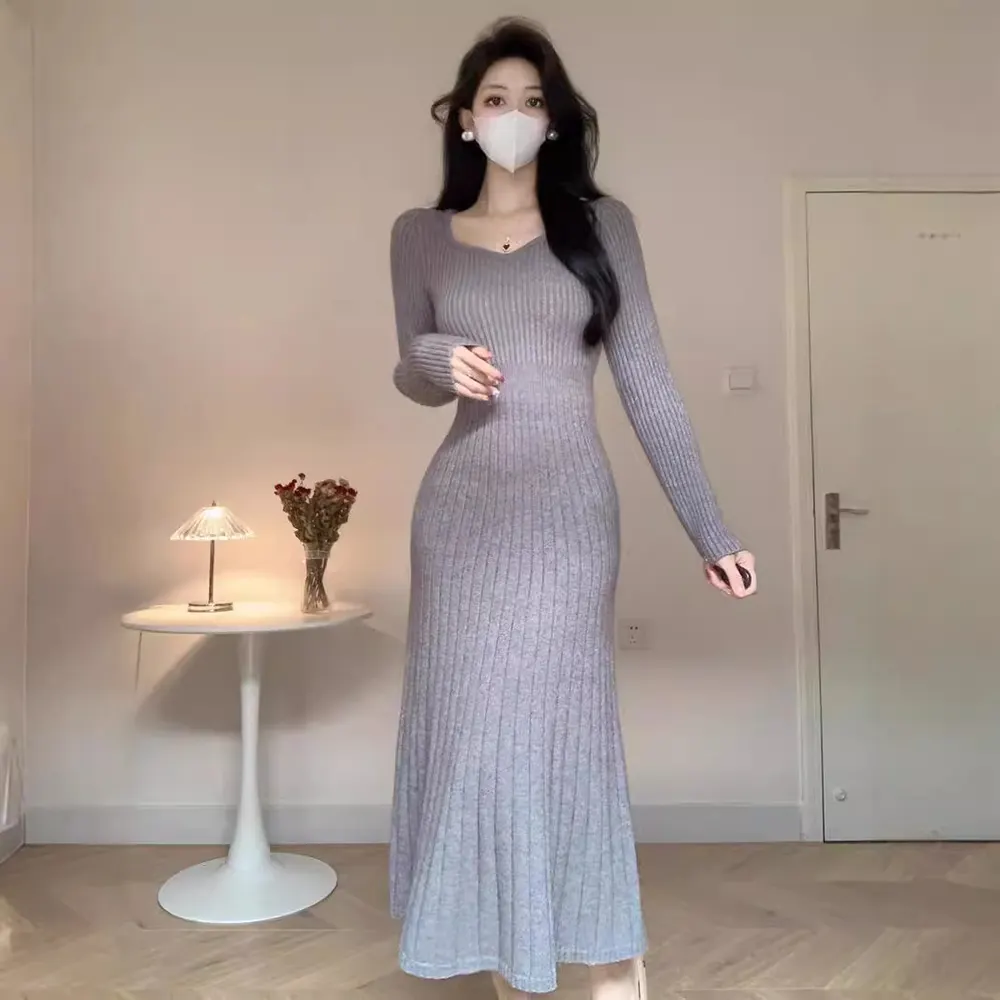 Vestido de punto para otoño e invierno, largo, hasta la rodilla, para usar por dentro, manga larga, envolvente en la cadera