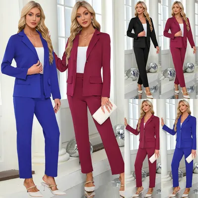 Conjunto informal de traje de chaqueta con solapa de manga larga para mujer, pantalones pitillo ajustados