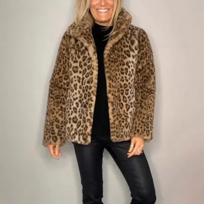 Ny dammode leopardtryck, krage, konstpäls topp