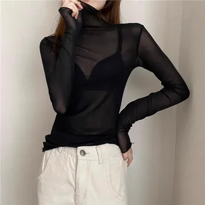 Camisa de base de renda de gola alta, peça interior feminina, manga comprida, top de outono e inverno