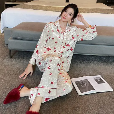 Högklassiga pyjamas för kvinnor vår höst gyllene sammet långärmad söt cardigan