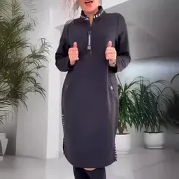 Vestido midi novo de verão para mulheres europeias e americanas por grosso de 2024, com fecho de zíper na cintura, cintura marcada, decote em V