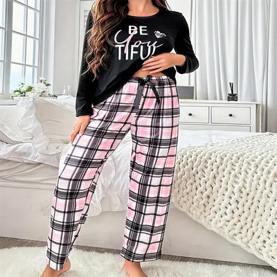 Conjunto de ropa de estar para mujer de moda transfronteriza Shein Temu Amazon TK, con letras negras, manga larga y pantalones largos