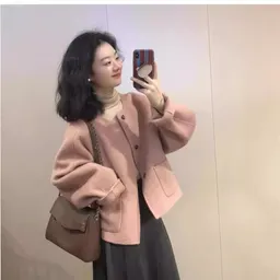여성용 핑크 짧은 울 코트, 트렌디 울 코트