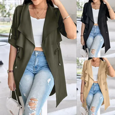Casaco trench coat de comprimento médio para mulher, solto, cor lisa, com laço na cintura e mangas enroladas