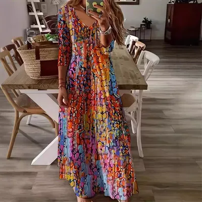 欧美女装气质印花长袖女士连衣裙大摆裙