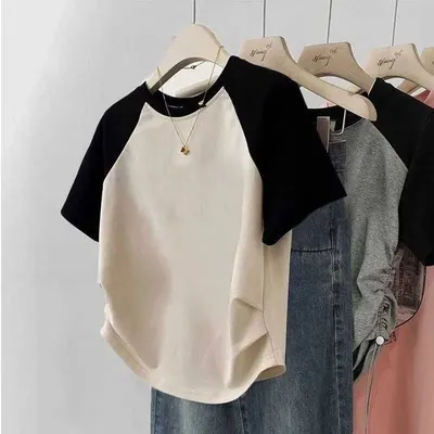 Top de Manga Curta, Gola Redonda, Elástico de Algodão para Mulheres, com Costura