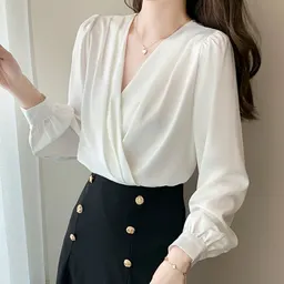 Camisa de manga comprida de cetim com decote em V, camisa de base profissional feminina