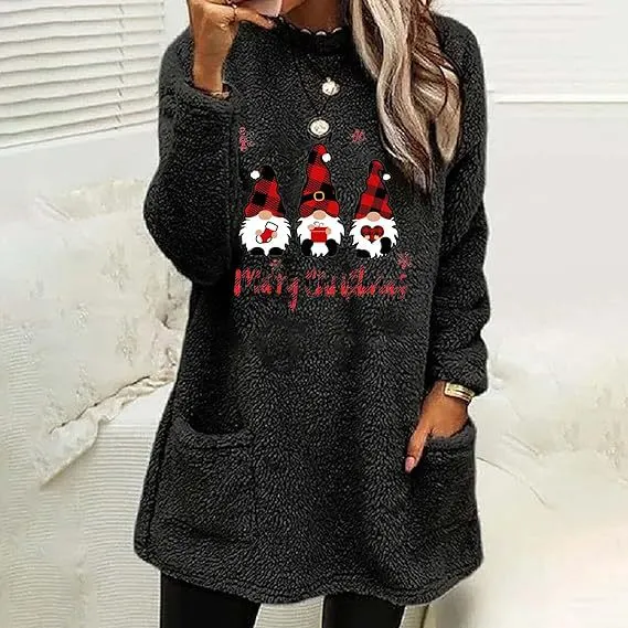 Round Neck Loose Long Sleeve Pocket Plush Sweatshirt Women