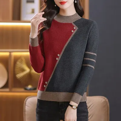 Fashionable and versatile half-high collar sweater for women, autumn and winter color-blocking top, loose, age-reducing, slimming, stylish knit base shirt for women