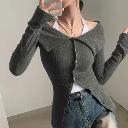 ホットガール セクシー ホルターネック リブ ラペル ワンショルダー ボタンアップ カーディガン Tシャツ 2点セット 初秋 レトロ トップス
