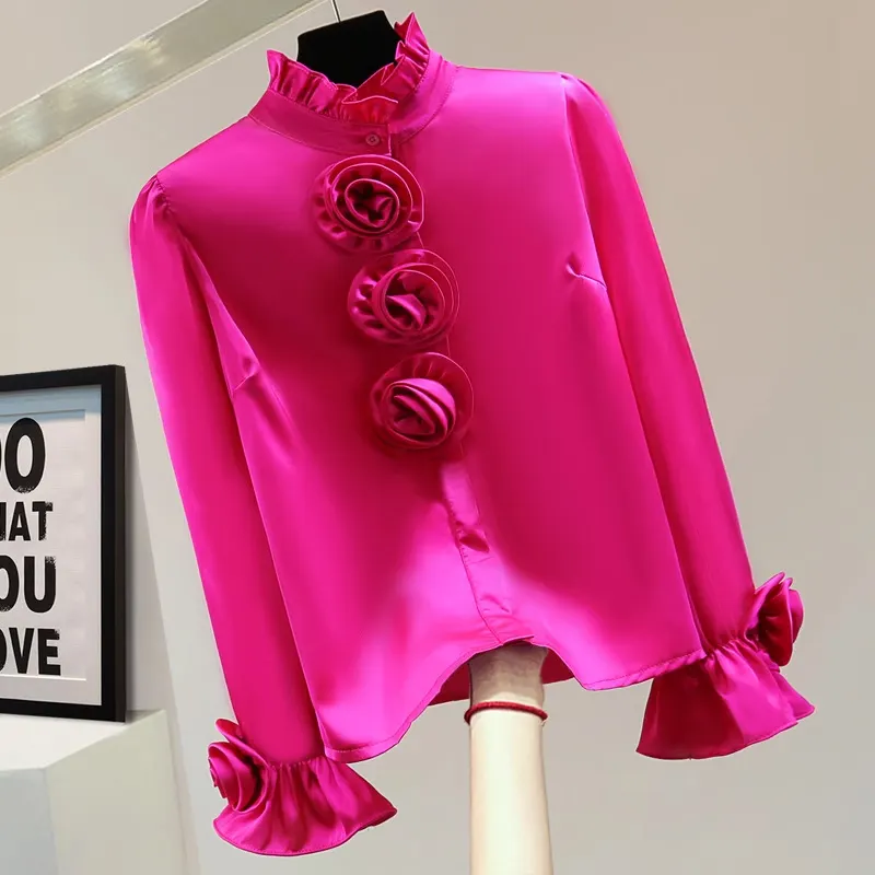 Camisa brilhante, gola alta, solta, com modelagem, nova primavera, estilo coreano, sólida, para emagrecer