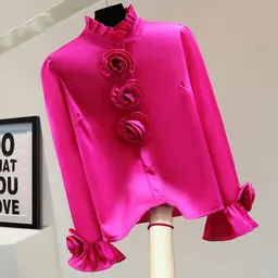 Camisa brilhante, gola alta, solta, com modelagem, nova primavera, estilo coreano, sólida, para emagrecer
