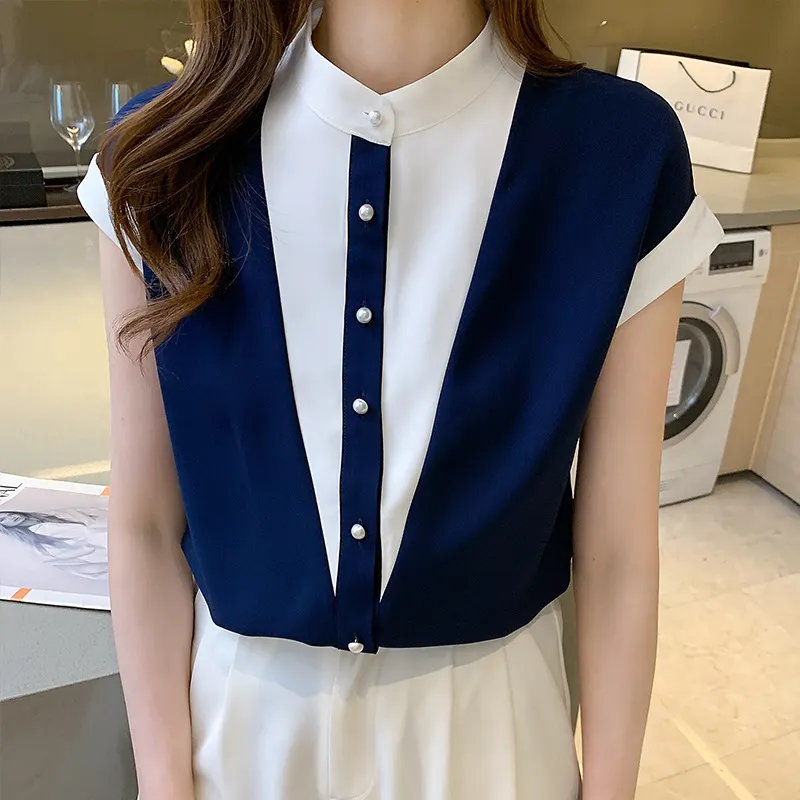 Camisa de chiffon para mulheres, estilo de designer, transfronteiriço, nova chegada de verão de 2024, top de manga curta com colarinho pequeno de pé contrastante de temperamento, tendência