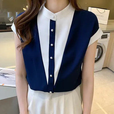 雪纺衬衫女设计感跨境2024夏季新款气质撞色小立领拼接短袖小衫潮