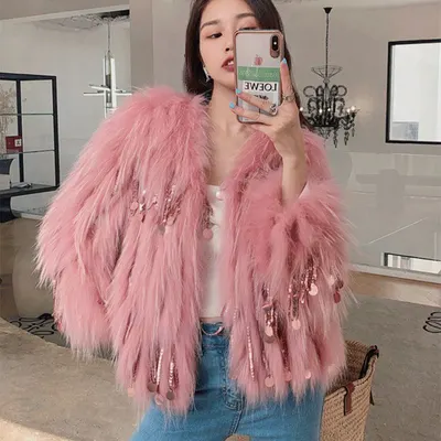 Casaco de pele de raposa com borlas, casaco de pele de couro para mulher, curto, elegante, pele de guaxinim imitação