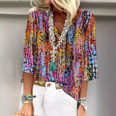 T-shirt de sete mangas para mulher, gola V, ombro regular, solto, estilo high street