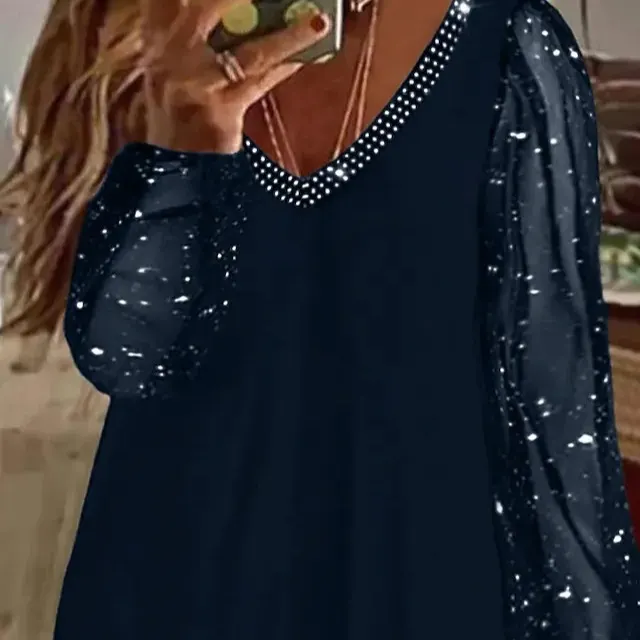 Top Feminino do Estilo 2222, Top de Lantejoulas Puro, Manga Com Babados, Decote em V, Casual, para Uso Diário e de Férias, Poliéster, Malha de Outono