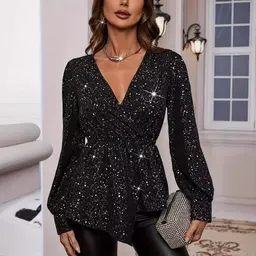 Camisa para senhora de gola V, manga comprida, estilo casual e moderno, com bainho assimétrico
