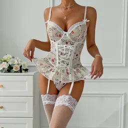 Conjunto de três peças com sutiã, meias incluídas, europeu e americano, renda floral, malha elástica, design sexy com alças e aro, modelo 3636